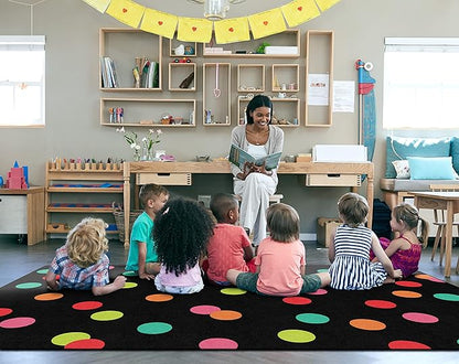 Flagship Carpets Schoolgirl Style Black White and Stylish Brights Polka Dots Classroom Area Rug for Indoor Classroom Learning or Kid Bedroom Educational Play Mat, 7'6"x12'