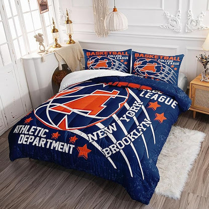Datura home Basketball Comforter Sets for Boys Kids,Orange Blue Theme Basketball Championship American Style,Duvet 3Pcs in Quilt Sets with 1 Comforter and 2 Pillowcases(Orange Twin)