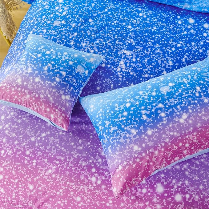 RYNGHIPY 6Pcs Sparkle Gradient Glitter Comforter Sets, Ombre Indigo Pink Gradient Bedding Set for Boys Girls, Rainbow Bed in A Bag Full Size