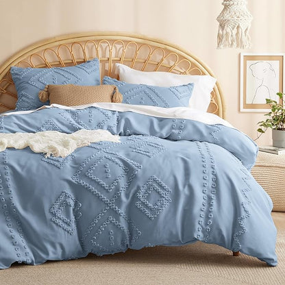 Bedsure Boho Comforter Set Full - Mineral Blue Tufted Bedding Comforter Set, 3 Pieces Farmhouse Shabby Chic Embroidery Bedding Set, Soft Geometric Pattern Comforter for All Seasons