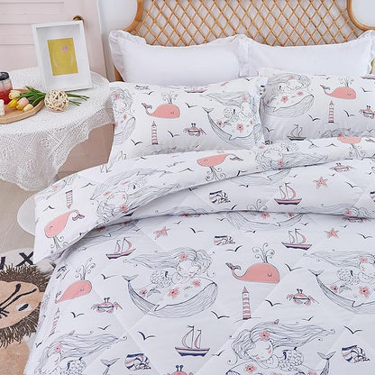 JSD Girls Mermaid Queen Comforter Set for Girls, 3 Piece Kids Printed Comforter with Pillow Shams, Soft Comfortable Machine Washable
