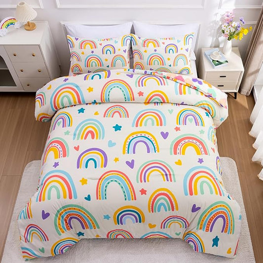 Btargot 3 Piece Kids Rainbow Comforter Set with 2 Pillow Covers, Cartoon Love Hearts Suns and Stars Bedding Set for Girls Boys Kids, Queen Beige