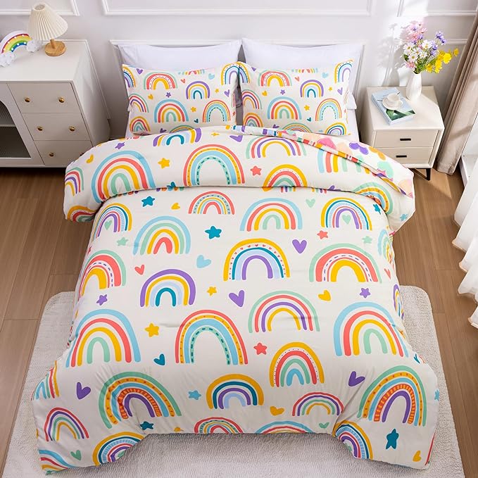 Btargot 3 Piece Kids Rainbow Comforter Set with 2 Pillow Covers, Cartoon Love Hearts Suns and Stars Bedding Set for Girls Boys Kids, Full Beige