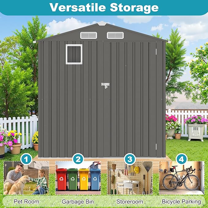 6x3.5 FT Outdoor Metal Storage Shed, Tool Shed with Peaked Roof and Lockable Door, Compact Garden Shed with Clear Window for Backyard Garden Patio Lawn, Gray