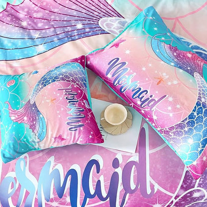 RYNGHIPY Kids Girls Comforter Set 6Pcs, Mermaid Bed in a Bag Twin Size, Fish Tail Print Teens Girls Bedding Set, Rainbow Bedding Collections