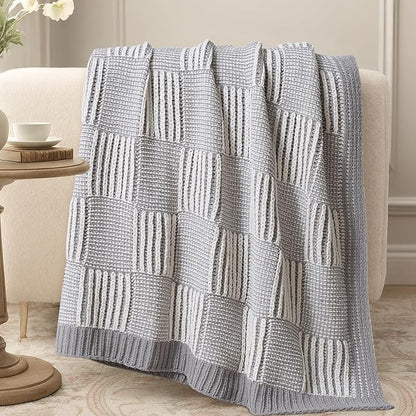 Amélie Home Chenille Knit Throw Blanket for Couch, Checkered Texture Decorative Soft Blanket for Sofa, Bed & Living Room, 50"x60", Grey & White