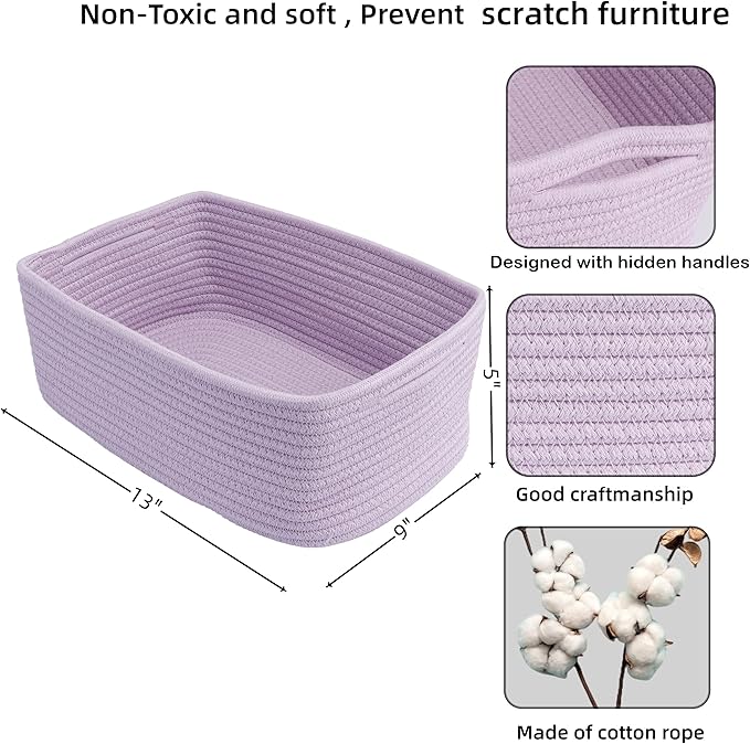 Small Woven Storage Baskets 13“X9”X5“ Decorative Rope Bins for Organizing Shelves, Closets, and Toys, Empty Gift Baskets, Cute Organizer Basket for Home and Office (purple, Large)