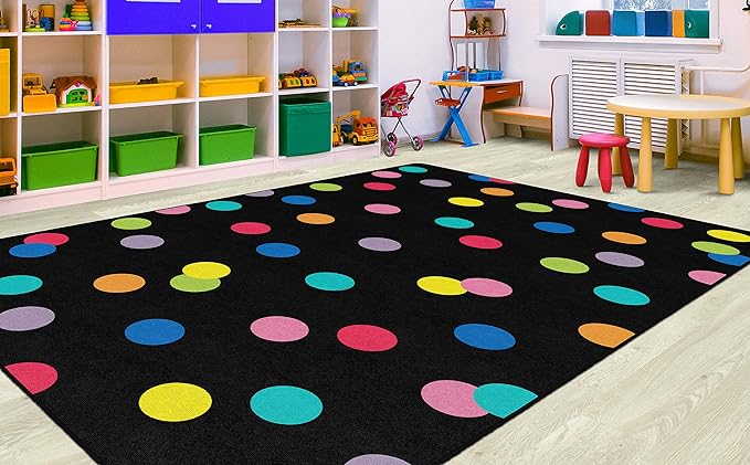 Flagship Carpets Schoolgirl Style Just Teach Rainbow Polka Dots Classroom Area Rug for Indoor Classroom Learning or Kid Bedroom Educational Play Mat, 7'6" x 12', Multi