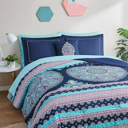 Degrees of Comfort Full Size Comforter Sets with Sheets, Blue Boho Mandala Teenage Girl Bedding, Bohemian Bed in A Bag, Microfiber Bed Set 8 Piece, Matching Decorative Pillow, Navy