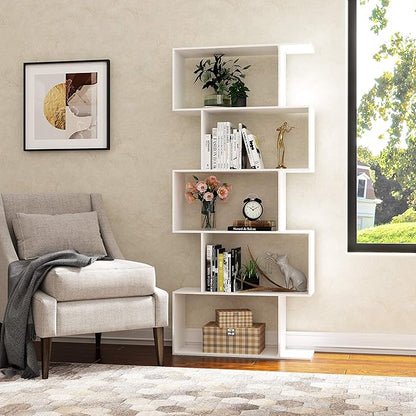 Yusong Bookshelf 5-Tier, Geometric Bookcase S Shaped Book Shelves for Bedroom, Modern Wood Decorative Display Shelf Book Case for Home Office, White