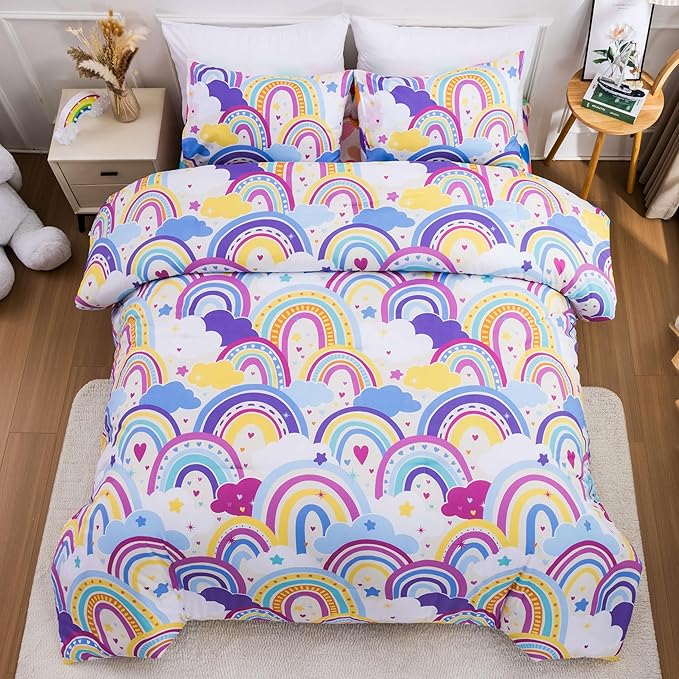 Btargot Lightweight Soft 3 Piece Rainbow Comforter Set with 2 Pillow Covers, Cartoon Love Hearts Flowers and Sun Star Bedding Set for Girls Boys Kids,Full Light Purple