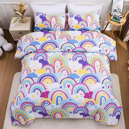 Btargot Lightweight Soft 3 Piece Rainbow Comforter Set with 2 Pillow Covers, Cartoon Love Hearts Flowers and Sun Star Bedding Set for Girls Boys Kids,Full Light Purple