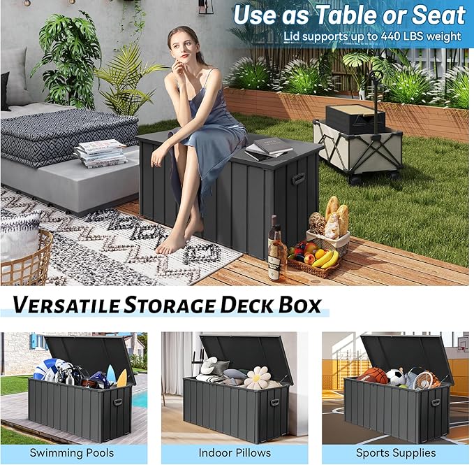 190 Gallon Metal Deck Box, Waterproof Steel Outdoor Box, Large Patio Furniture Storage Cabinet, Lockable Storage Bench for Porch Package Delivery, Pillows, Cushions, Pool, Tools, Backyard, Grey