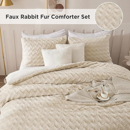 Andency Beige Fleece Comforter Set Queen Size, 3 Pieces Shaggy Faux Fur Bedding Comforter Set for Queen Bed, Fuzzy Plush Warm Sherpa Bed Comforter Set for Women Man