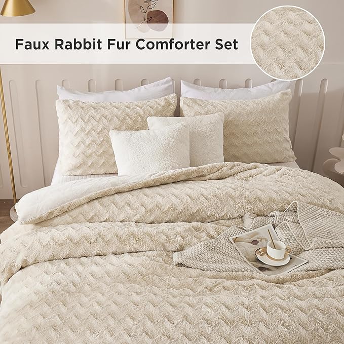 Andency Fleece Beige Comforter Set King, 3 Pieces Fuzzy Plush Faux Fur Bedding Comforter, Fluffy Shaggy Warm Sherpa Bed Set for Winter (104x90Inch Comforter)