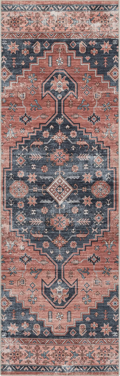 nuLOOM Medallion Bordered Machine Washable Ultra Thin Runner Rug, 2' 6" x 6', Rust