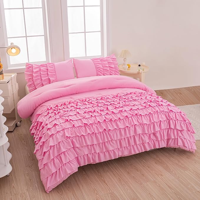Full Size Comforter Set for Girls Kids, 3Pcs Pink Comforter Set Full, Blush Pink Princess Bedding, Vintage Soft Boho Chic Bedding for All Season