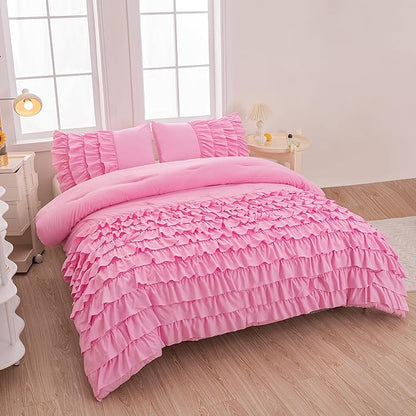 Full Size Comforter Set for Girls Kids, 3Pcs Pink Comforter Set Full, Blush Pink Princess Bedding, Vintage Soft Boho Chic Bedding for All Season