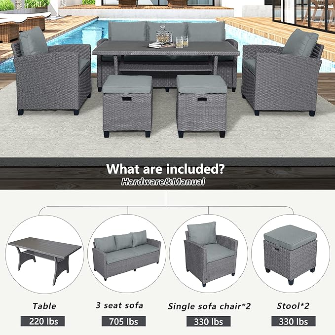 7 Pieces Patio Furniture Outdoor Sectional Sofa Conversation Set All Weather Wicker Rattan Couch Dining Table & Chair with Ottoman, OneSize, Cb-Grey