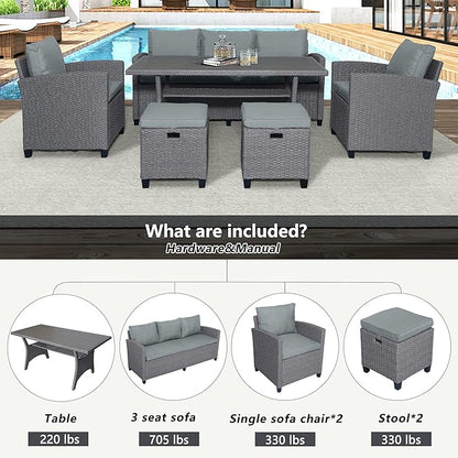 6 7 Pieces Patio Furniture Outdoor Sectional Sofa Conversation Set All Weather Wicker Rattan Couch Dining Table & Chair with Ottoman, Cc-Grey