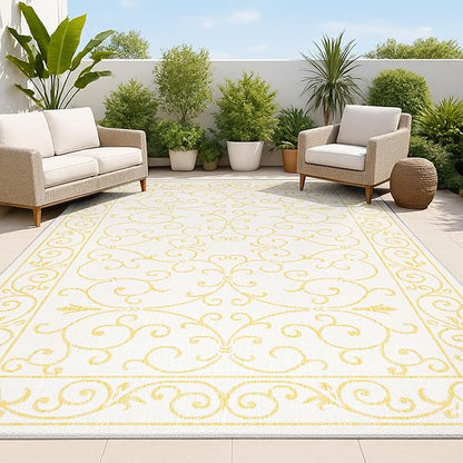 JONATHAN Y Vintage Filigree Indoor Outdoor Area Rug 3X5 Cream/Yellow, Charleston Textured Weave for Backyard, Patio, Porch, Easy-Cleaning, High Traffic, Pet-Friendly, Non-Shedding (SMB106M-3)