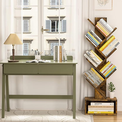 Hoctieon 6 Tier Tree Bookshelf, Tall Bookcase with Drawer, Freestanding Book Shelf, Display Floor Standing Storage Shelf, Book Organizer Shelves for Home Office, Rustic Brown