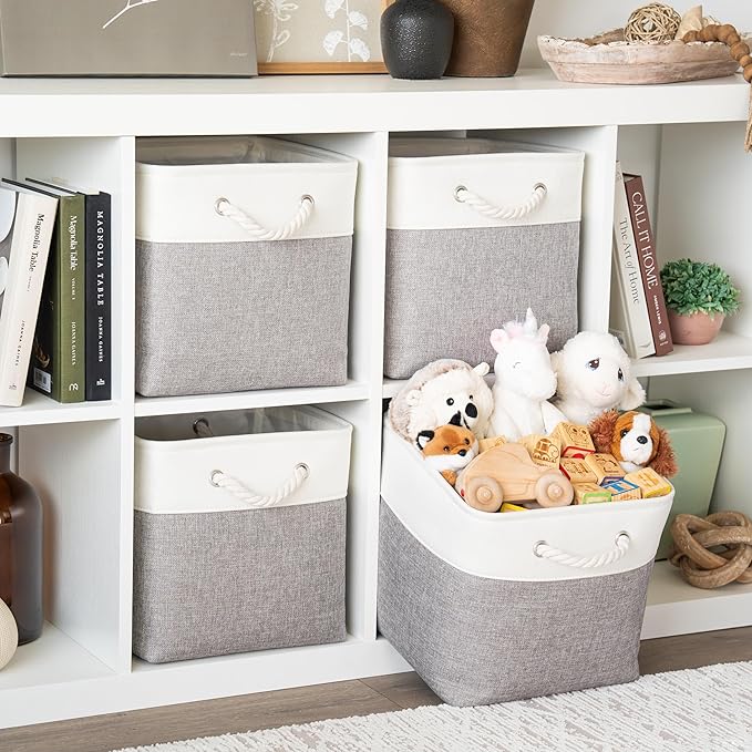 OrganiHaus 12x12 Cube Storage Bins 4 Pack, Foldable Cube Storage Organizer w/ Rope Handles, Collapsible Fabric Bins for Toys, Clothes & Closet Organization, Fabric Square Baskets - Gray/White