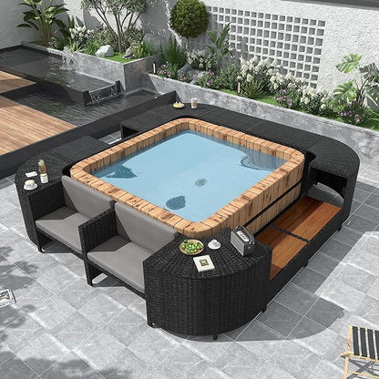 Outdoor Patio Furniture Set Spa Surround Quadrilateral Sofa with Wood Seatings, Rattan Sectional Couch w/Storage Space and Waterproof Cushions, for Yard Pool Backyard, Grey