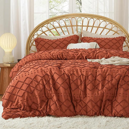 Bedsure Full Size Comforter Set - Terracotta Comforter, Boho Tufted Shabby Chic Bedding Comforter Set, 3 Pieces Vintage Farmhouse Bed Set for All Seasons, Fluffy Bedding Set with 2 Pillow Shams