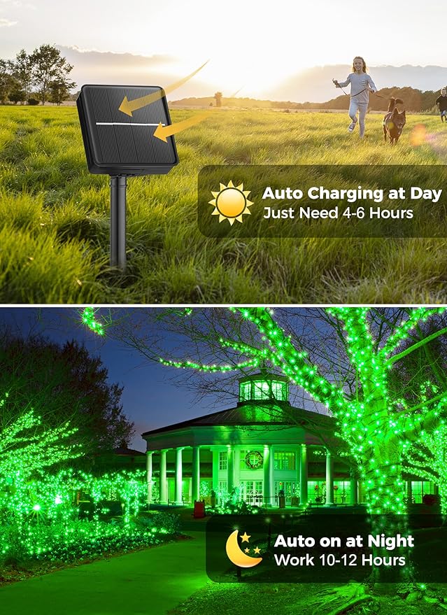 Minetom Solar String Lights Outdoor - 2 Pack Total 80FT 200 LED String Lights Solar Powered with 8 Lighting Mode,String Lights for St Patrick Decoration,Waterproof Solar Lights for Outside Tree, Green