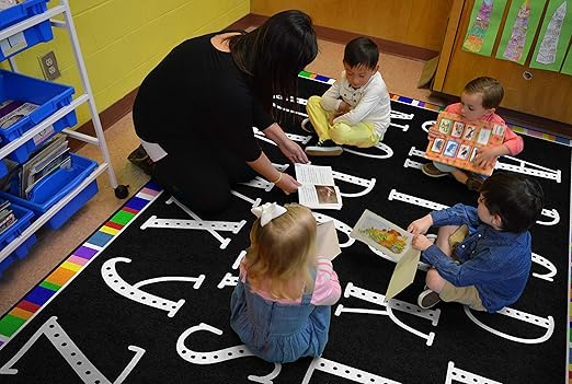 Flagship Carpets Colorful Abc's Multicolor Border Area Rug for Childrens Classroom, at Home Education or Kids Play Room, 7'6" x 12', Rectangle