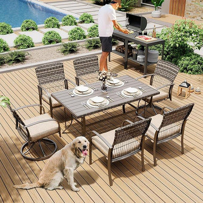 Pamapic 7 Piece Patio Dining Set for 6,Wicker Outdoor Furniture Set for Backyard Garden Deck Poolside with Iron Slats Table Top,4 Dining Chairs and 2 Swivel Rockers,Removable Cushions(Beige)