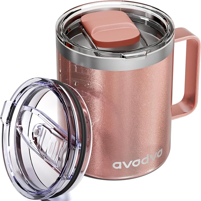 12oz Insulated Coffee Mug with Lid – Includes Two Lids, Stainless Steel Coffee Travel Mug with Handle, Double Wall Vacuum Insulated Camping Mug for Home, Office & Outdoor, Rose Gold