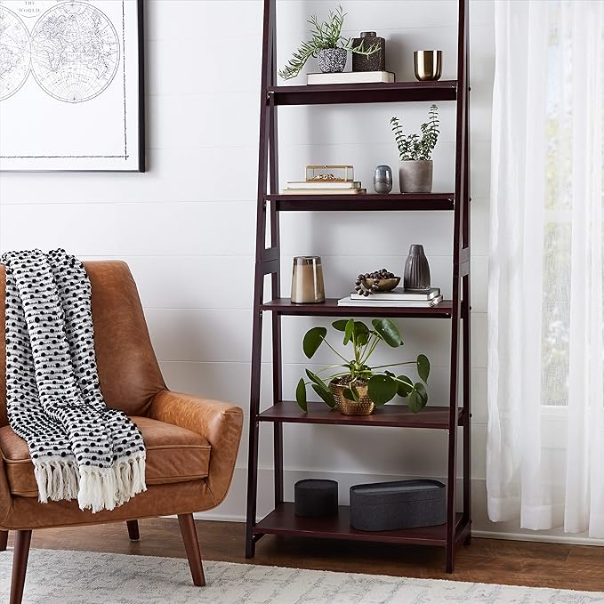 Amazon Basics Modern 5-Tier Ladder Bookshelf Organizer, Solid Rubberwood Frame, Walnut Finish, 14" D x 24.8" W x 70.1" H