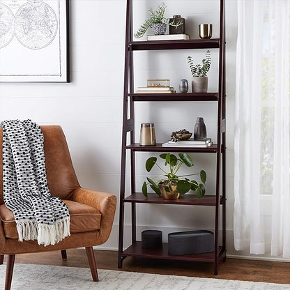 Amazon Basics Modern 5-Tier Ladder Bookshelf Organizer, Solid Rubberwood Frame, Walnut Finish, 14" D x 24.8" W x 70.1" H