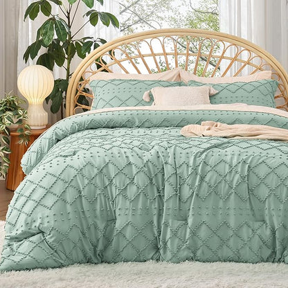 Bedsure Full Size Comforter Set - Sage Green Comforter, Boho Tufted Shabby Chic Bedding Comforter Set, 3 Pieces Farmhouse Bed Set for All Seasons, Fluffy Soft Bedding Set with 2 Pillow Shams