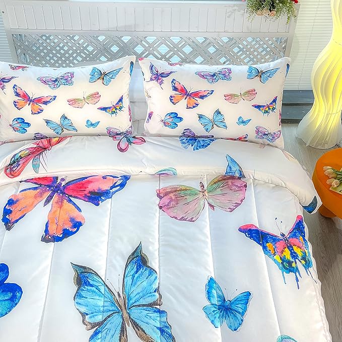 CVHOUSE Bedding Set, Queen, Butterfly Design for Girls Kids Teens, 1 Comforter and 2 Pillow Cases