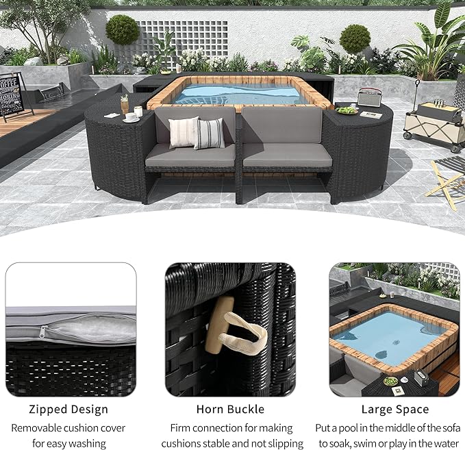 Outdoor Patio Furniture Set Spa Surround Quadrilateral Sofa with Wood Seatings, Rattan Sectional Couch w/Storage Space and Waterproof Cushions, for Yard Pool Backyard, Grey