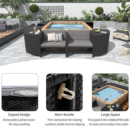 Outdoor Spa Surround Set Patio Furniture with Storage Space, Wood Seatings and Waterproof Cushions, Quadrilateral Rattan Sectional Sofa, for Backyard Deck Poolside, Onesize, Grey