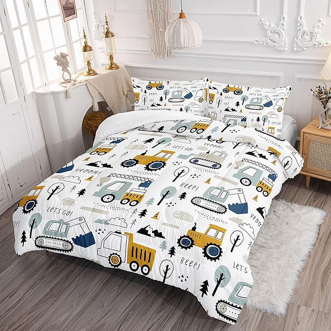 Kids Cartoon Excavator Bedding Comforter Sets for Boy and Girls,Construction Truck Bulldozer Tree Pattern Comforter Set with 2 Pillowcase and 1 Comforter(Excavator Twin)