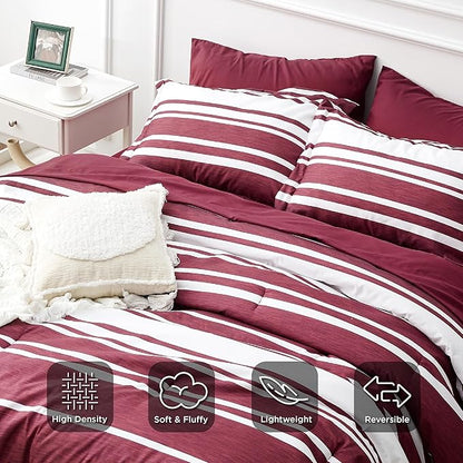 Bedsure Bed in a Bag King Size 7-Piece Burgundy White Striped Bedding Comforter Sets All Season Bed Set, 2 Pillow Shams, Flat Sheet, Fitted Sheet and 2 Pillowcases