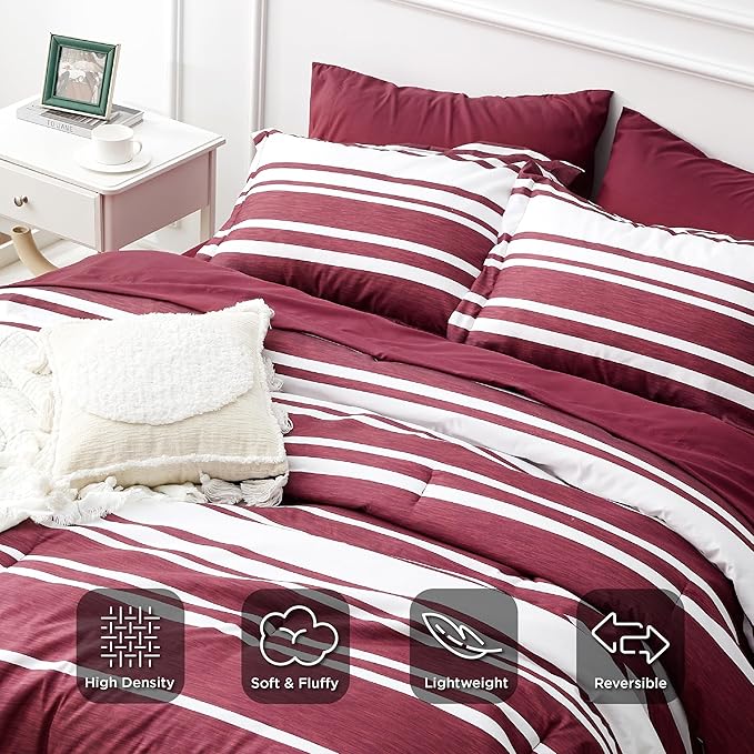 Bedsure Bed in a Bag Queen Size 7-Piece Burgundy White Striped Bedding Comforter Sets All Season Bed Set, 2 Pillow Shams, Flat Sheet, Fitted Sheet and 2 Pillowcases