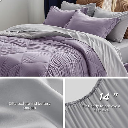 Bedsure Grayish Purple Queen Comforter Set - 7 Pieces Reversible Queen Bed in a Bag, Queen Bed Set Grayish Purple and Grey with Comforters, Sheets, Pillowcases & Shams
