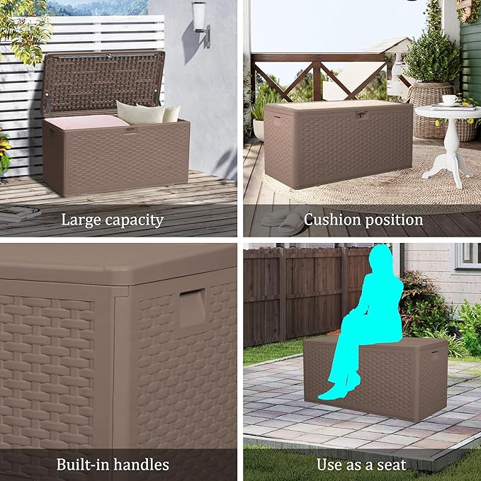 73GAL Brown Blow - Molded Outdoor Deck Box with Lock Hole - Waterproof, SGS - Protected from UV, Spacious for Garden Equipment and Pool Toys Storage, Easy to Assemble