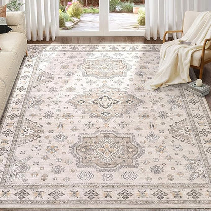 Washable Area Rugs for Living Room -10x14 Neutral Vintage Distressed Floral Farmhouse Boho Large Soft Floor Rug Indoor Non Slip Carpet for Living Room Bedroom Dining Room Office-Beige Brown