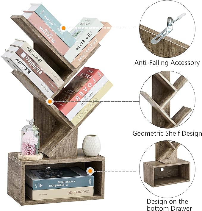 Hoctieon 3 Tier Tree Bookshelf, Modern Bookcase with Drawer, Freestanding Book shelf, Display Floor Standing Storage Shelf, Book Organizer Shelves for Home Office, Living Room, Bedroom, Greige