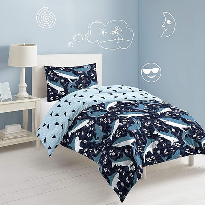 Dream Factory Sharks Boys Twin Size Boys Bedding Set Cotton Kids Comforter Set with Sham, 2 Piece, Twin, Navy