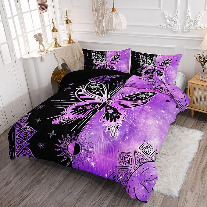 Datura home Black Purple Butterfly Comforter Set for Girls Women,Boho Butterfly Sun and Moon Mandala Printed Bedding Set with 2 Pillowcases(Black Purple Twin)