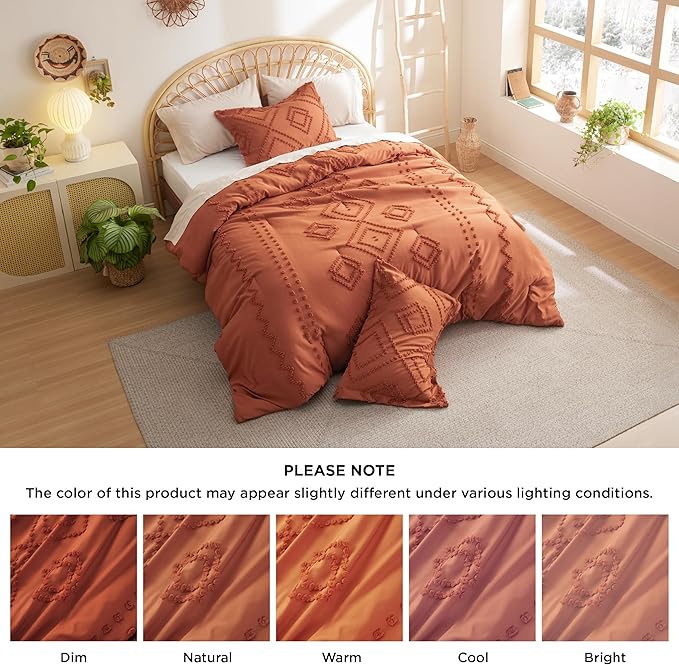 Bedsure Boho Comforter Set King - Terracotta Tufted Bedding Comforter Set, 3 Pieces Farmhouse Shabby Chic Embroidery Bedding Set, Soft Geometric Pattern Comforter for All Seasons