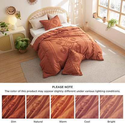 Bedsure Boho Comforter Set King - Terracotta Tufted Bedding Comforter Set, 3 Pieces Farmhouse Shabby Chic Embroidery Bedding Set, Soft Geometric Pattern Comforter for All Seasons